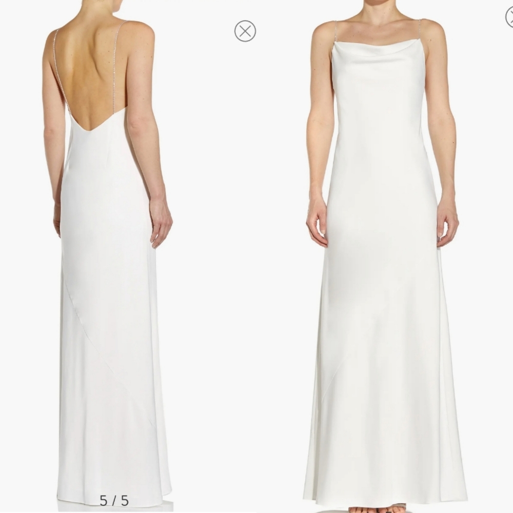 NWT Aidan Mattox Cowl Neck Crystal Straps Satin Gown in Ivory 6